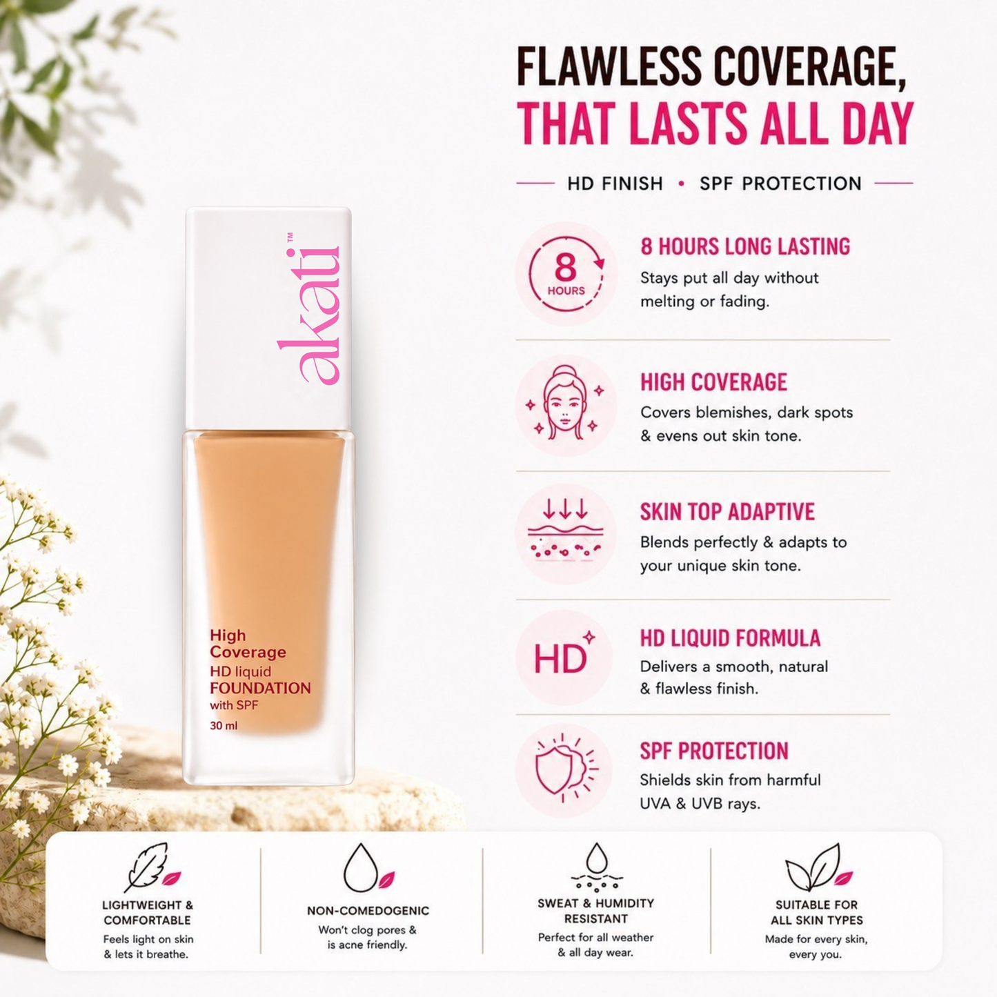 AKATI HD Liquid Foundation with SPF | 30ml | Shade F2 Natural Beige