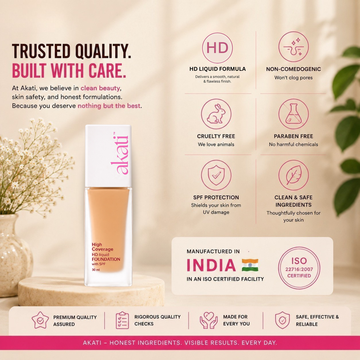 AKATI HD Liquid Foundation with SPF | 30ml | Shade F2 Natural Beige