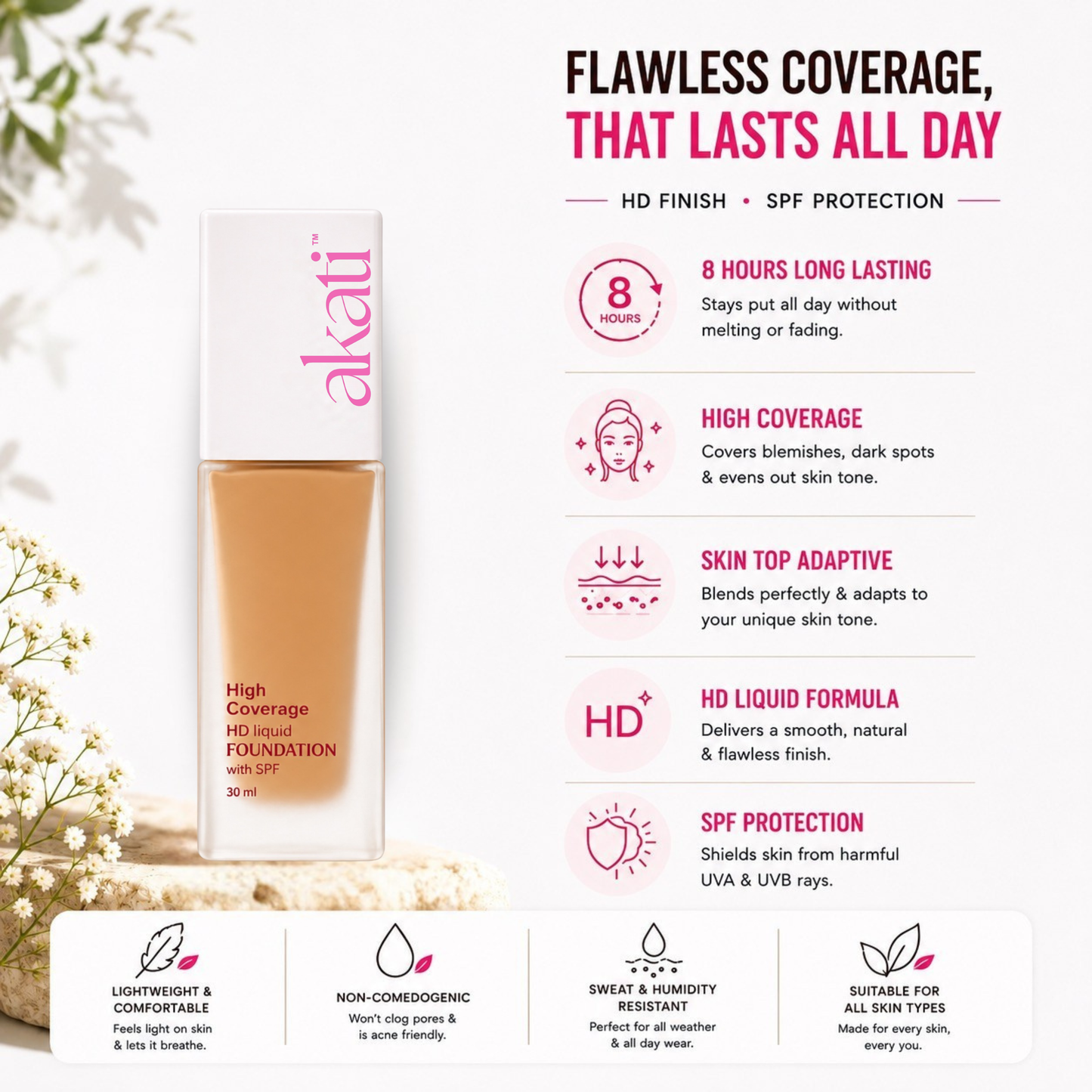AKATI HD Liquid Foundation with SPF | 30ml | Shade F3 Warm Beige