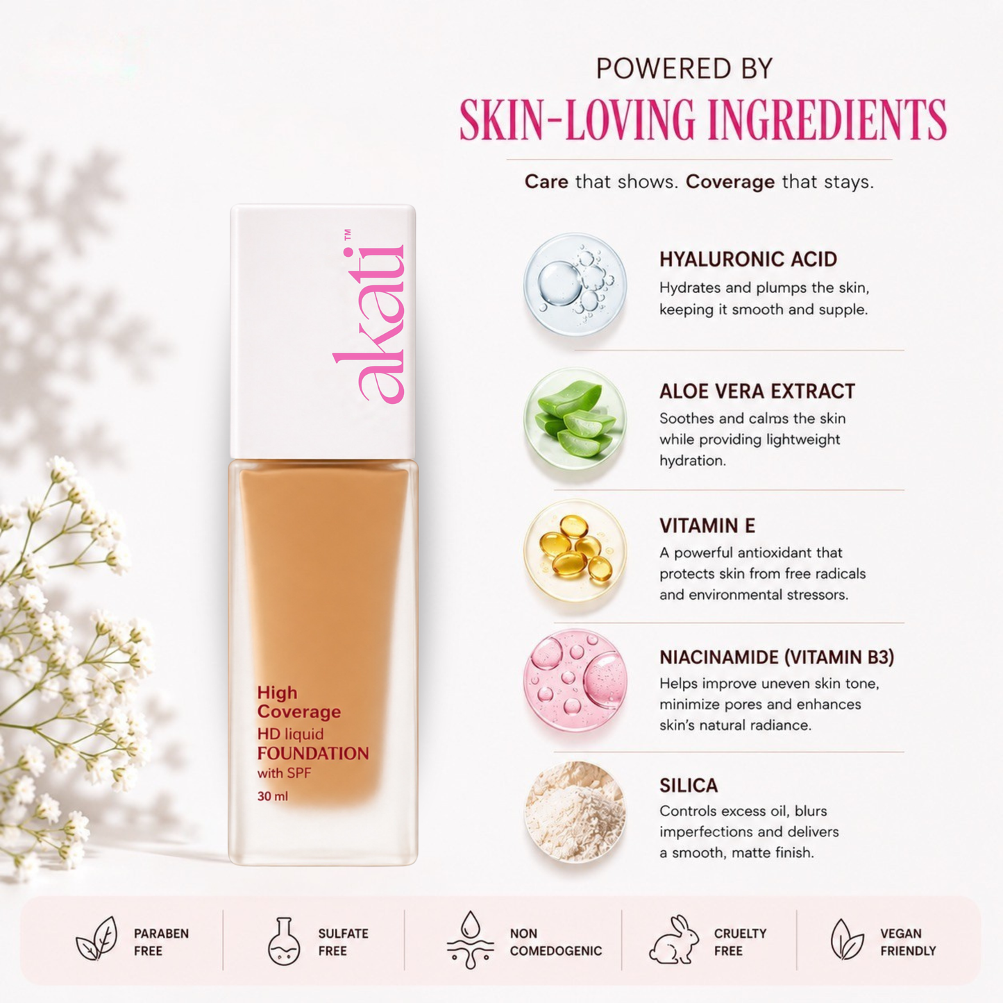 AKATI HD Liquid Foundation with SPF | 30ml | Shade F3 Warm Beige
