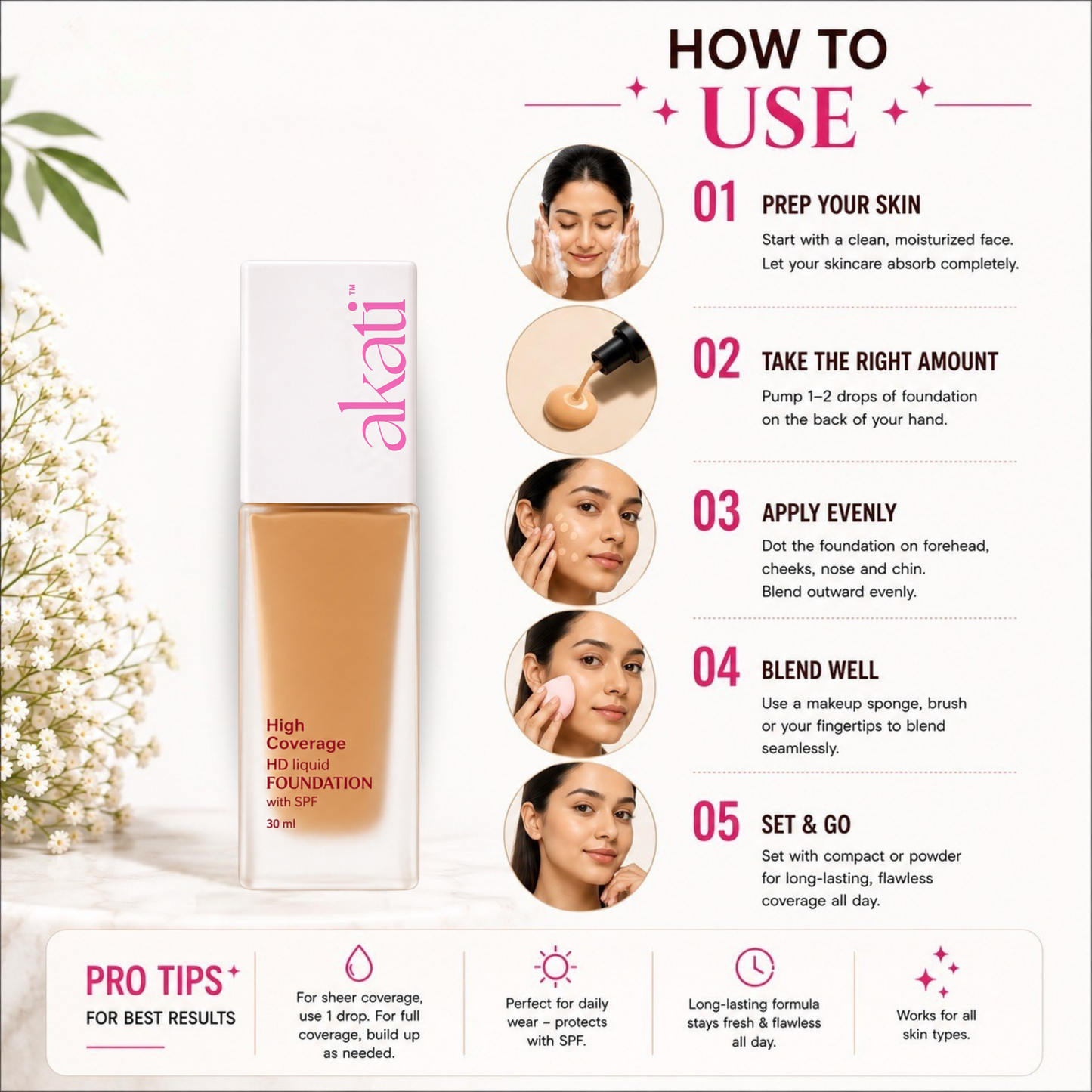 AKATI HD Liquid Foundation with SPF | 30ml | Shade F3 Warm Beige